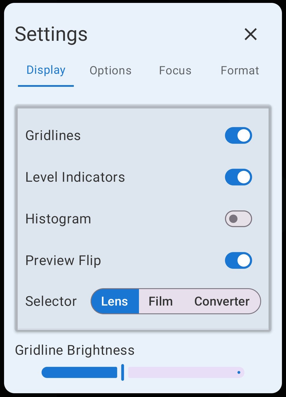 FinderView display settings screen.
