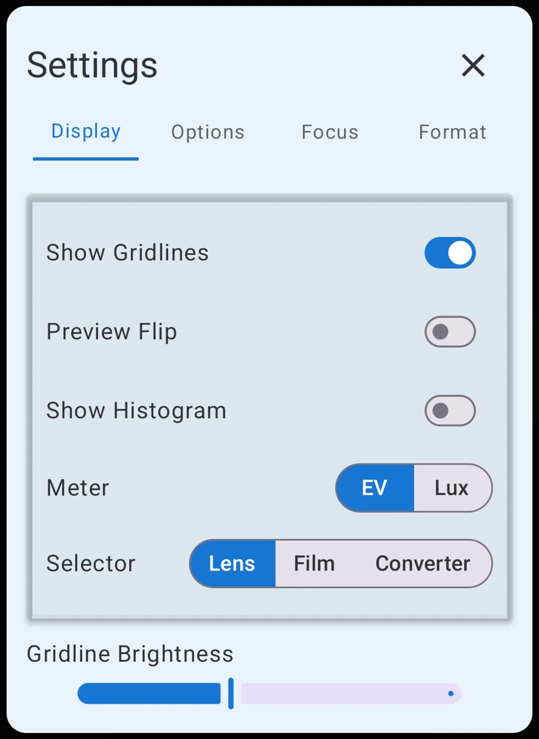 FinderView display settings screen.