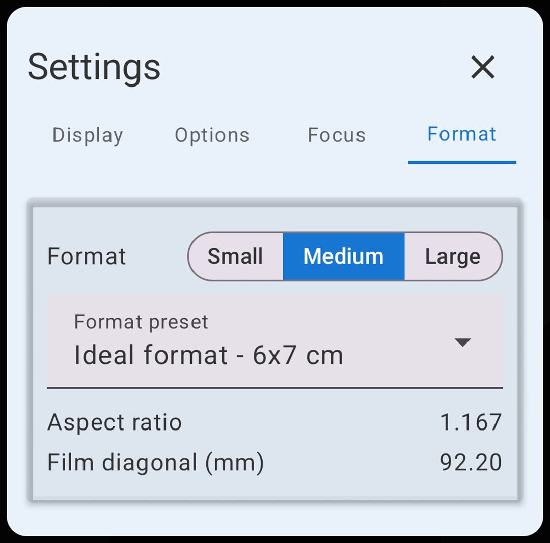 FinderView film format settings screen.