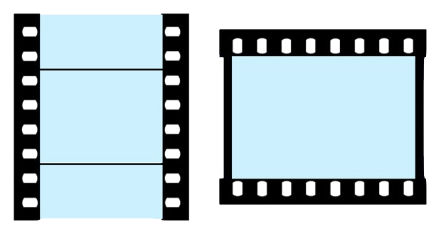 A diagram comparing a vertical 18x24 mm cine frame with a horizontal 24x36 mm Leica frame.