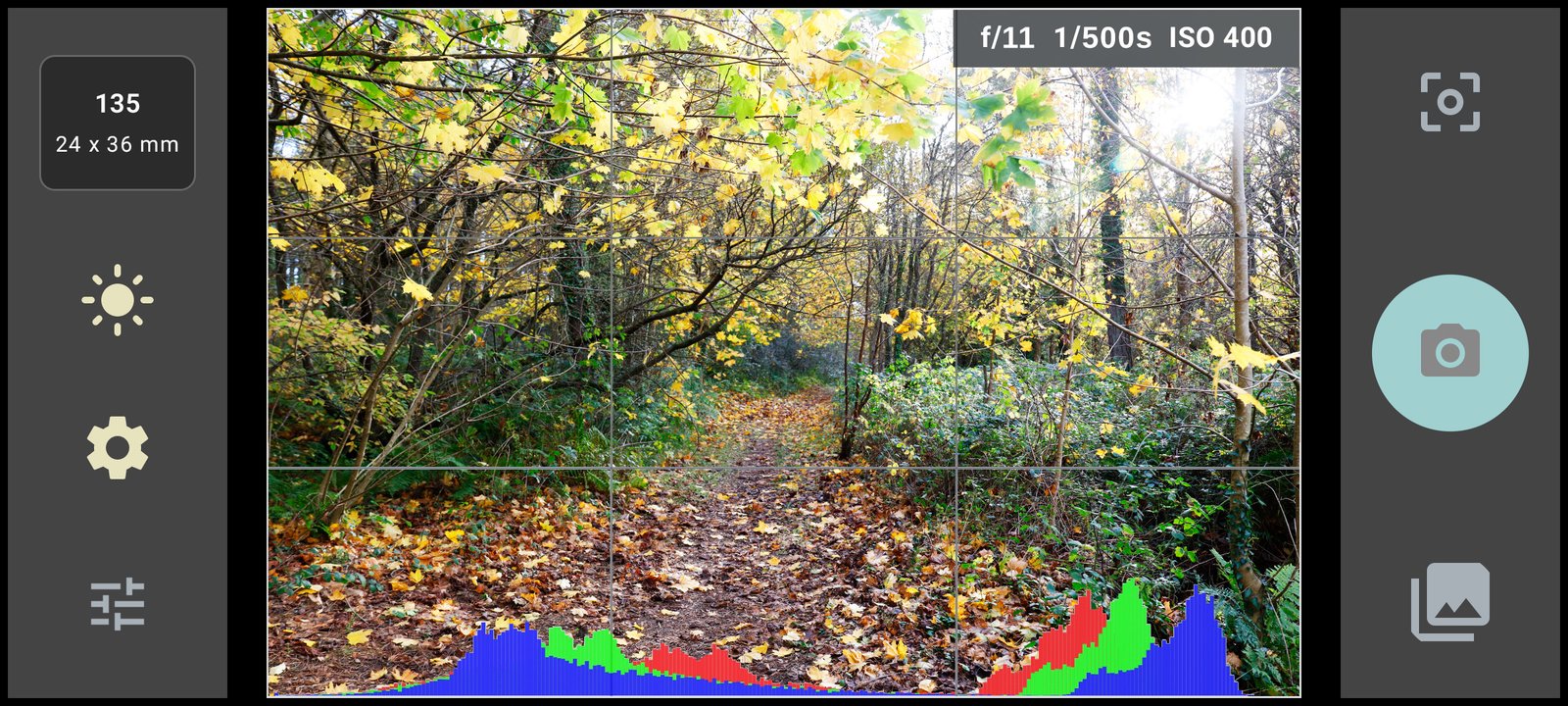 FinderView histogram display over the preview image.