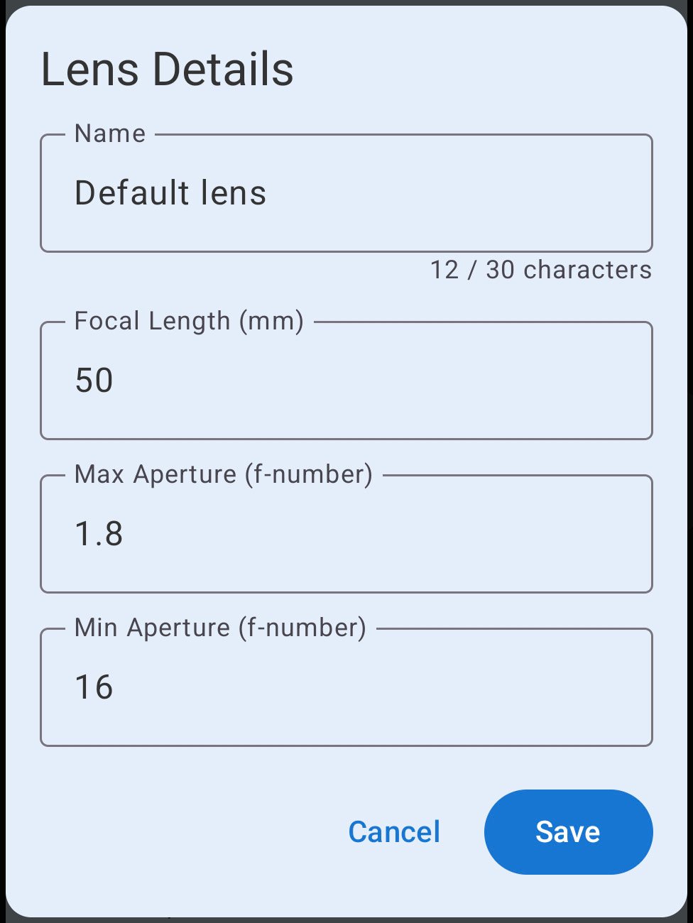 FinderView lens details screen.
