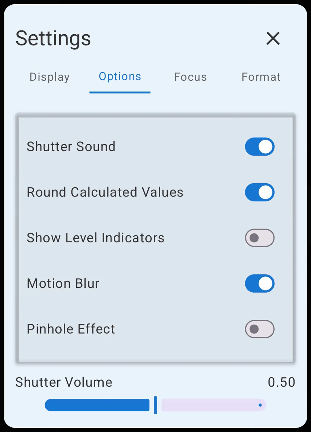 FinderView options settings screen.